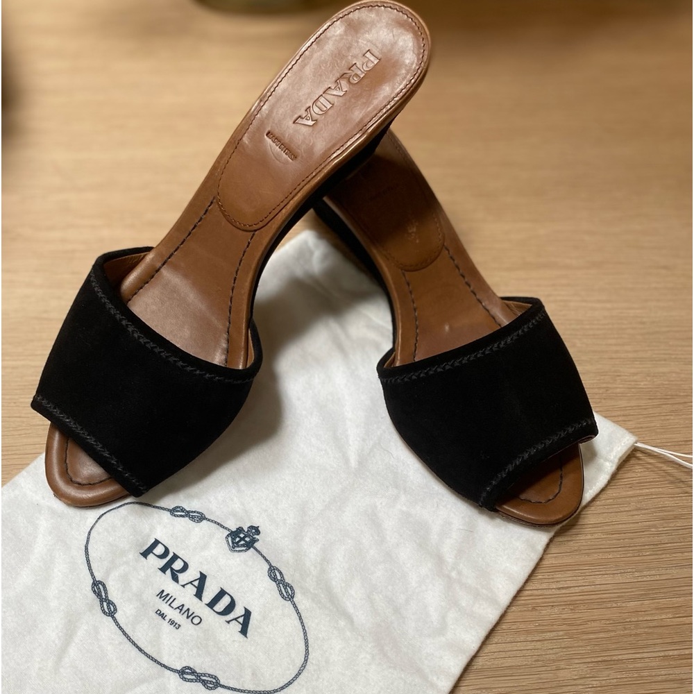 PRADA Black Suede Wedge Peep Toe Sandals 40/10